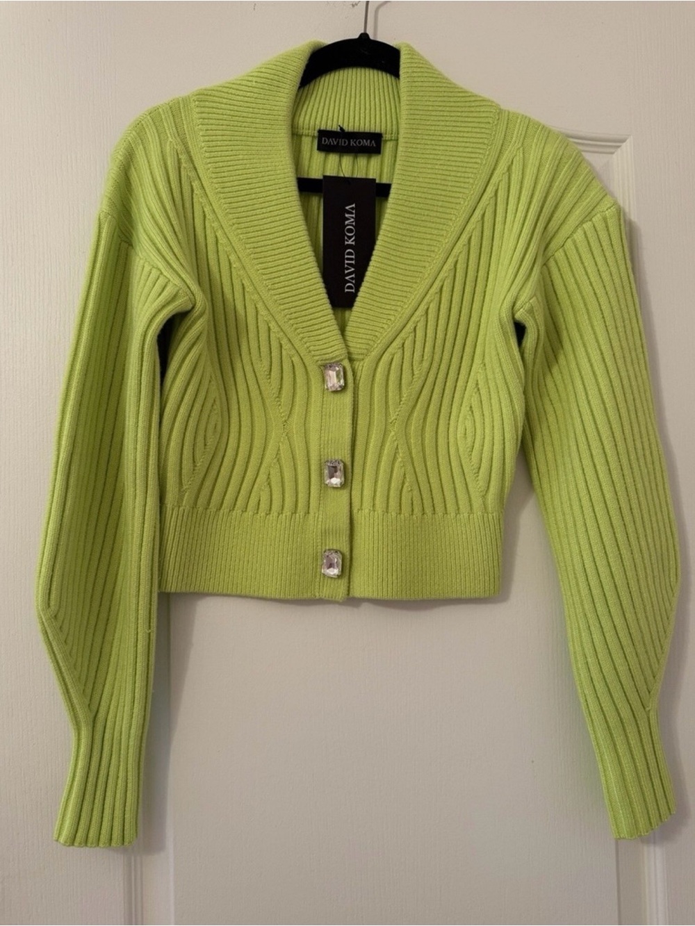 David Koma Lime Ribbed Cropped Cardigan with Gem Buttons